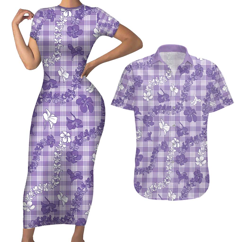 Poni Aloha Hawaii Couples Matching Short Sleeve Bodycon Dress and Hawaiian Shirt Plumeria Lei With Palaka Motif - Polynesian Pride