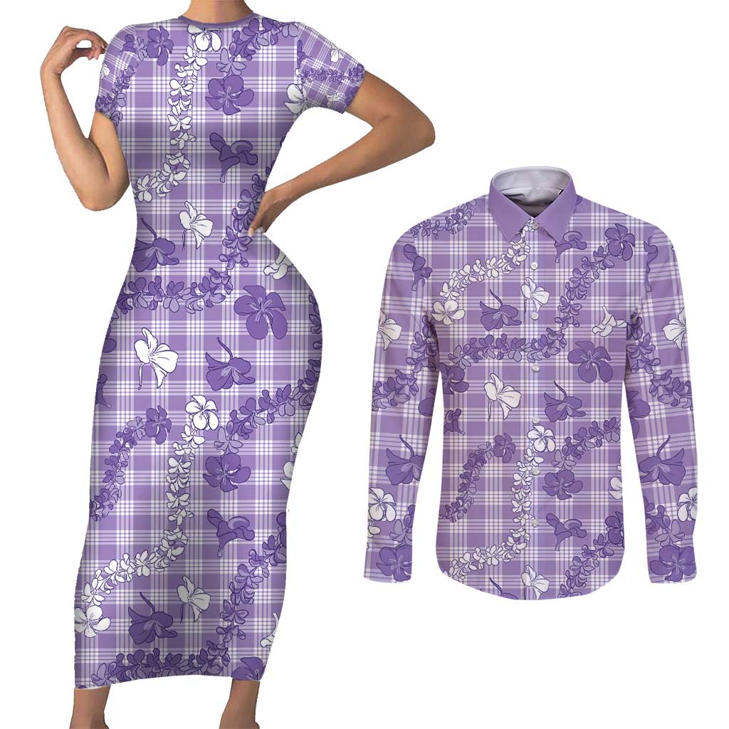Poni Aloha Hawaii Couples Matching Short Sleeve Bodycon Dress and Long Sleeve Button Shirt Plumeria Lei With Palaka Motif - Polynesian Pride