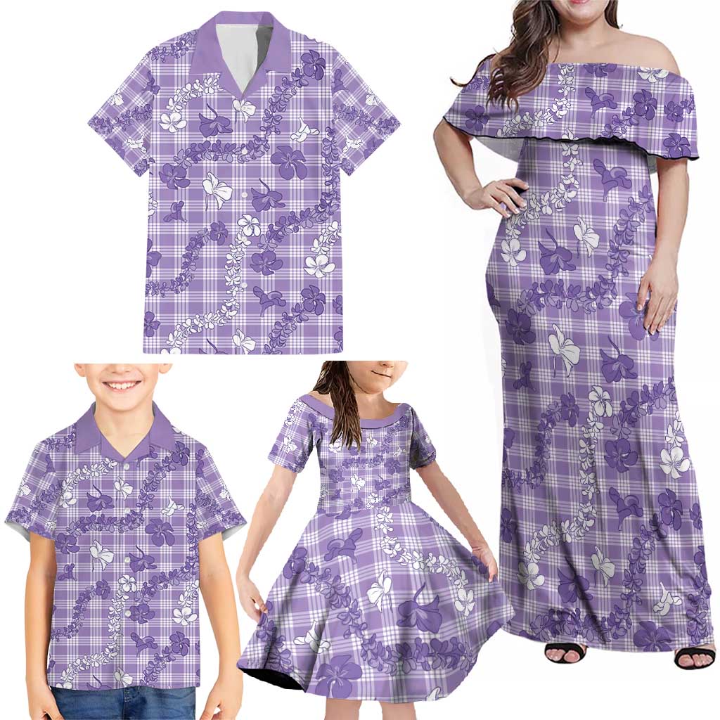 Poni Aloha Hawaii Family Matching Off Shoulder Maxi Dress and Hawaiian Shirt Plumeria Lei With Palaka Motif - Polynesian Pride