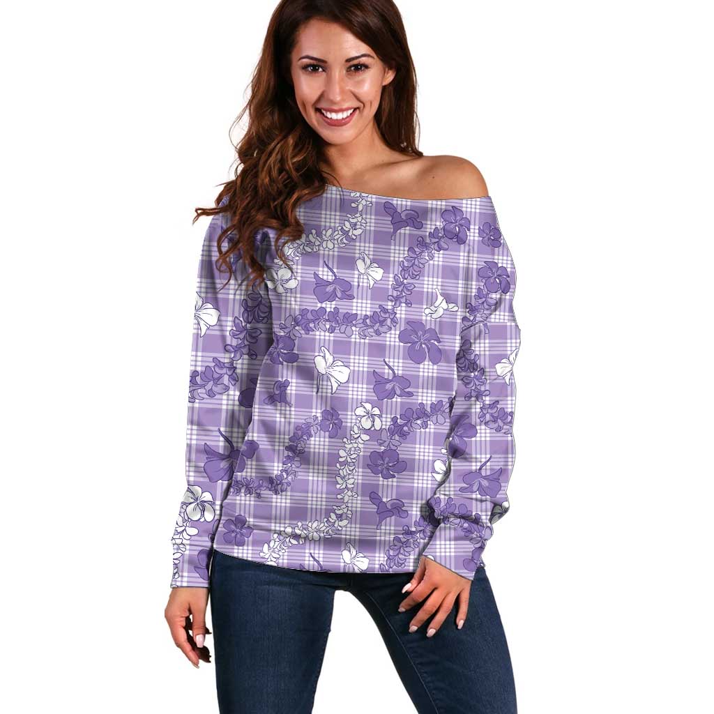 Poni Aloha Hawaii Off Shoulder Sweater Plumeria Lei With Palaka Motif - Polynesian Pride
