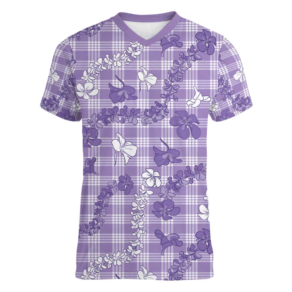 Poni Aloha Hawaii Women V-Neck T-Shirt Plumeria Lei With Palaka Motif - Polynesian Pride