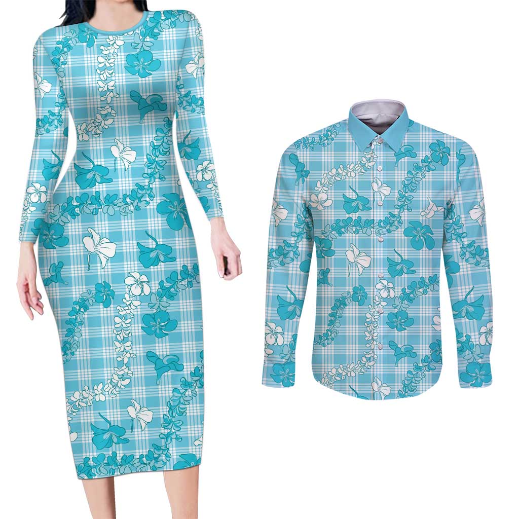 Polu Aloha Hawaii Couples Matching Long Sleeve Bodycon Dress and Long Sleeve Button Shirt Plumeria Lei With Palaka Motif - Polynesian Pride
