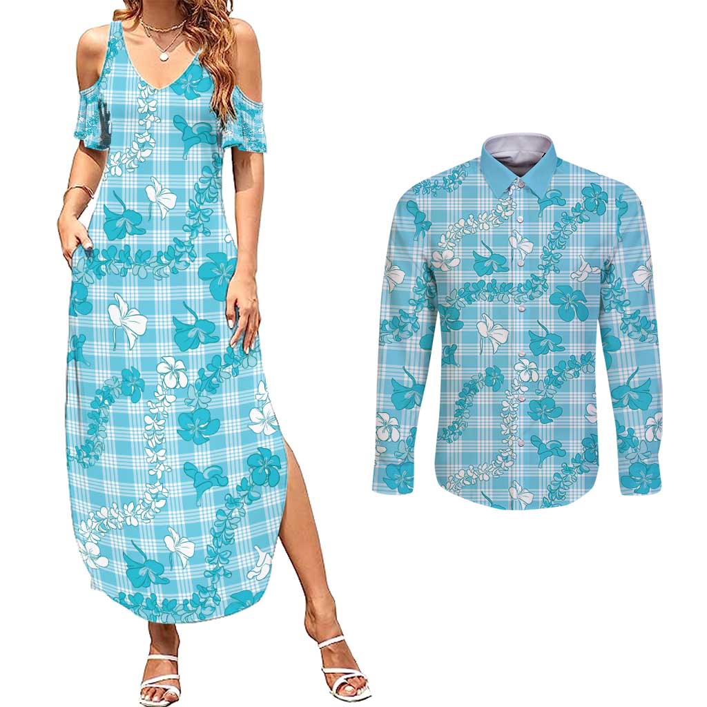 Polu Aloha Hawaii Couples Matching Summer Maxi Dress and Long Sleeve Button Shirt Plumeria Lei With Palaka Motif - Polynesian Pride