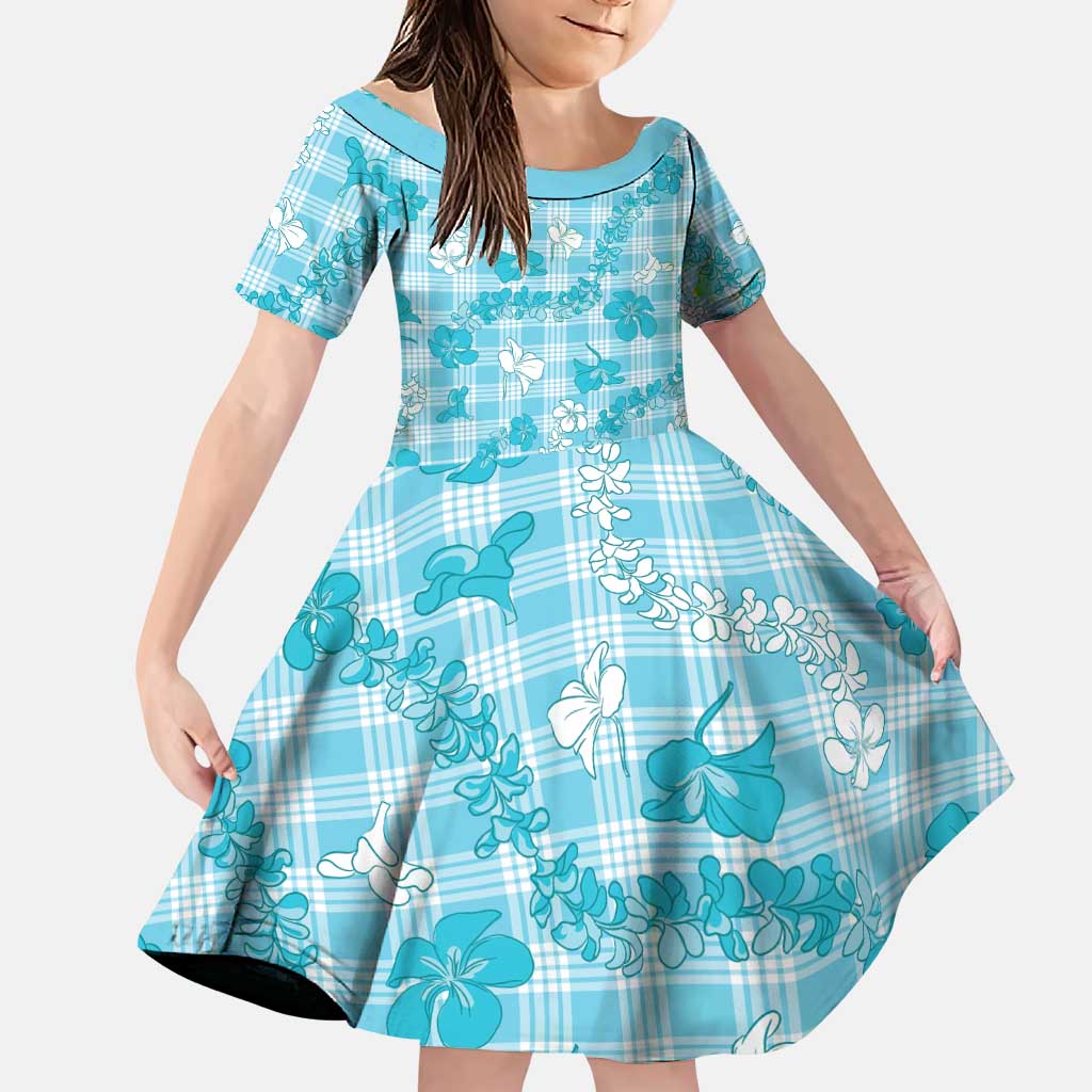 Polu Aloha Hawaii Family Matching Puletasi and Hawaiian Shirt Plumeria Lei With Palaka Motif LT14 Daughter's Dress Blue - Polynesian Pride