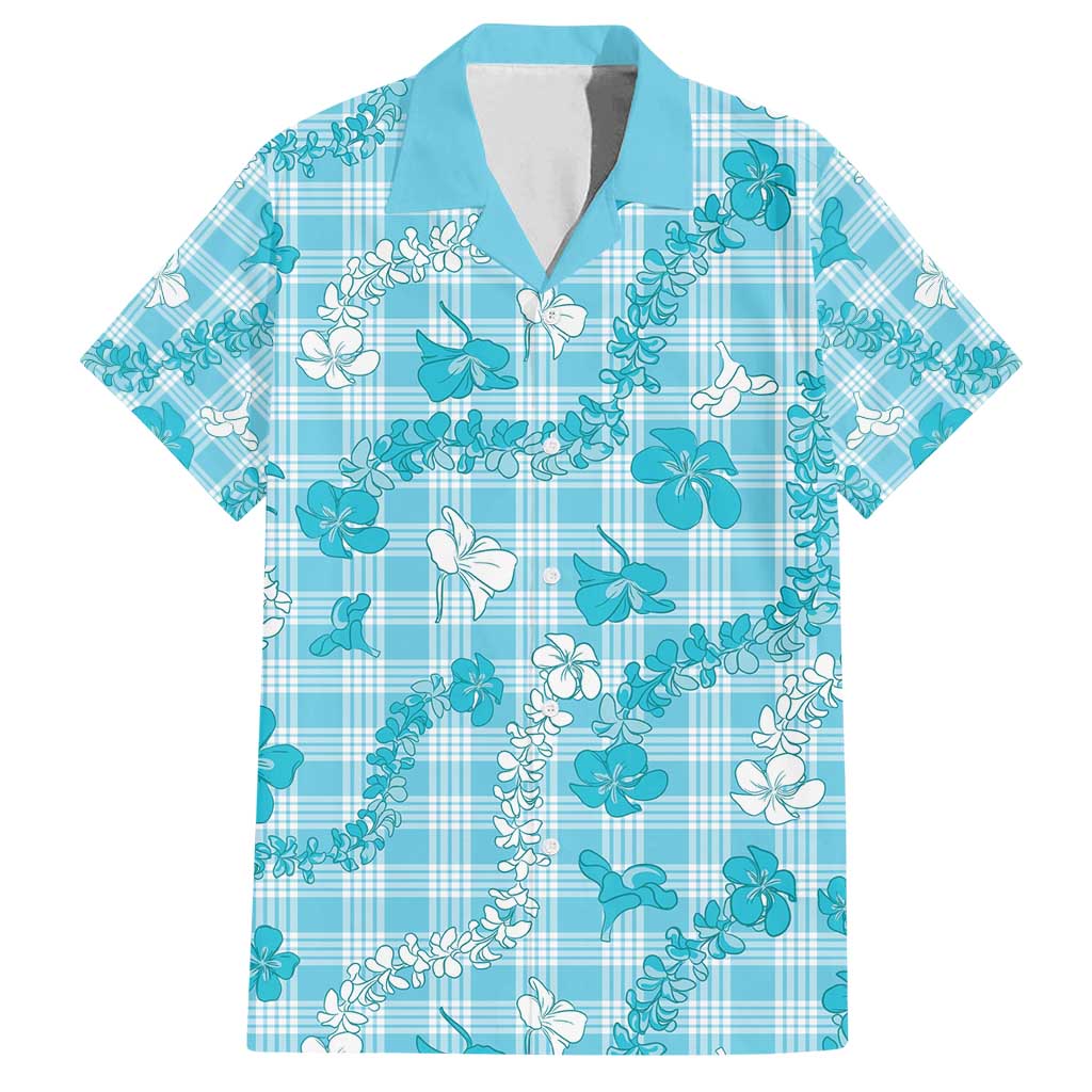 Polu Aloha Hawaii Family Matching Puletasi and Hawaiian Shirt Plumeria Lei With Palaka Motif LT14 Dad's Shirt - Short Sleeve Blue - Polynesian Pride