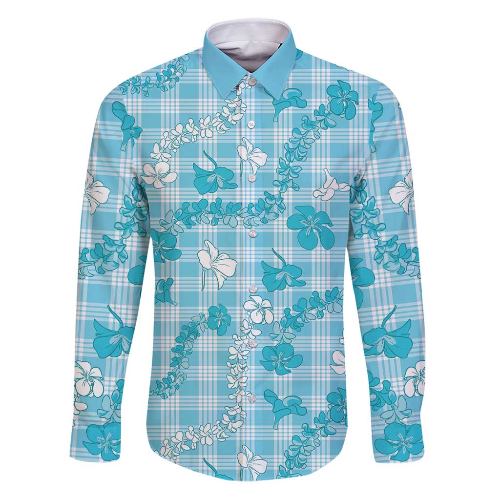 Polu Aloha Hawaii Family Matching Puletasi and Hawaiian Shirt Plumeria Lei With Palaka Motif LT14 Dad's Shirt - Long Sleeve Blue - Polynesian Pride