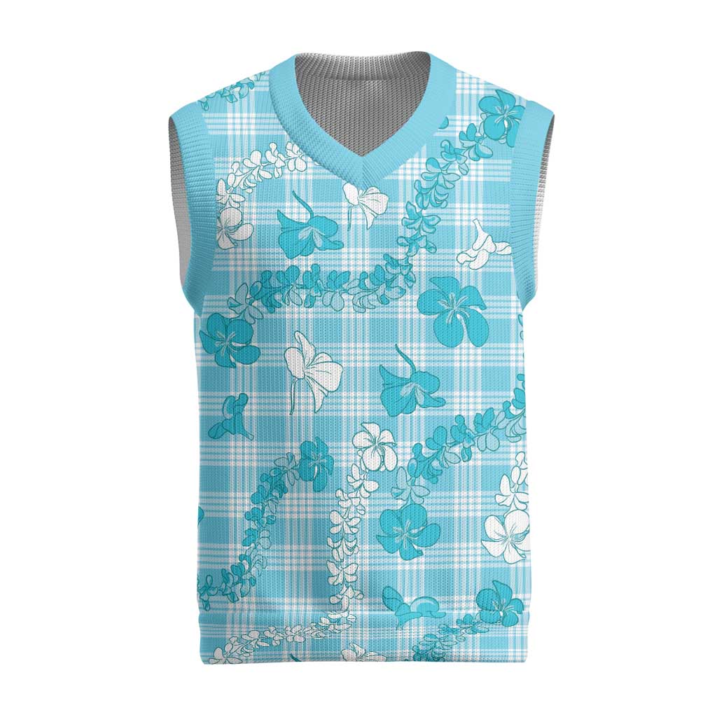 Polu Aloha Hawaii Christmas Knitted V-Neck Vest Plumeria Lei With Palaka Motif LT14 Blue - Polynesian Pride