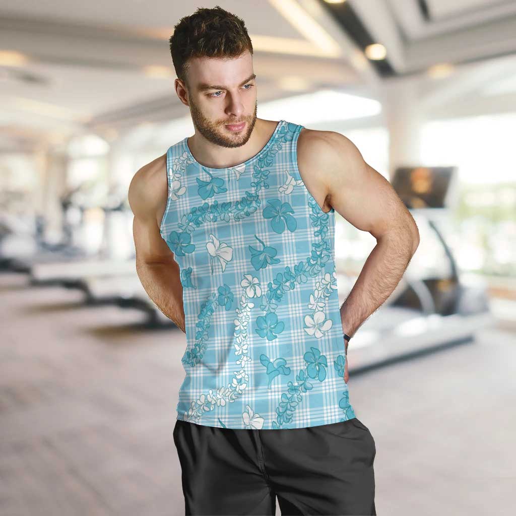 Polu Aloha Hawaii Men Tank Top Plumeria Lei With Palaka Motif LT14 Blue - Polynesian Pride