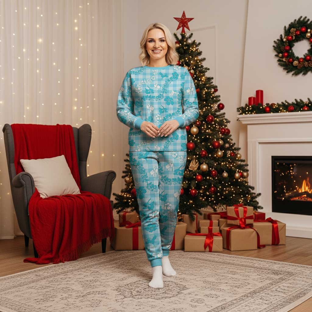 Polu Aloha Hawaii Christmas Pajama Set Plumeria Lei With Palaka Motif LT14 Women Blue - Polynesian Pride
