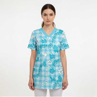 Polu Aloha Hawaii Scrub Top Plumeria Lei With Palaka Motif - Polynesian Pride