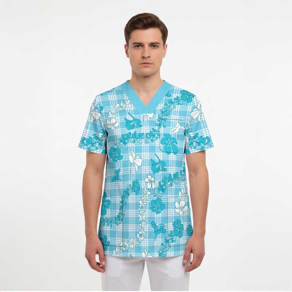 Polu Aloha Hawaii Scrub Top Plumeria Lei With Palaka Motif - Polynesian Pride