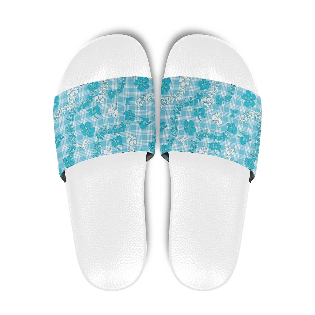 Polu Aloha Hawaii Slide Sandals Plumeria Lei With Palaka Motif - Polynesian Pride