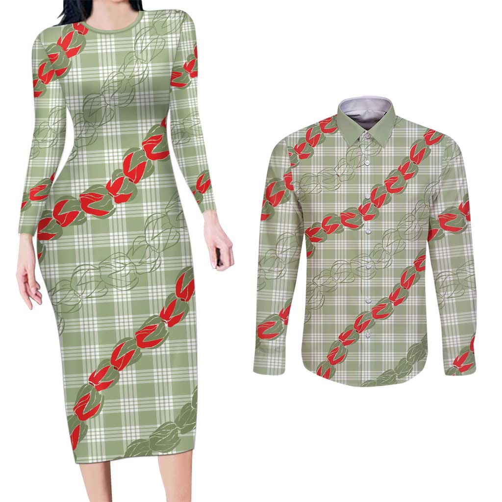 Omaomao Aloha Hawaii Couples Matching Long Sleeve Bodycon Dress and Long Sleeve Button Shirt Rosebud Lei With Palaka Motif - Polynesian Pride