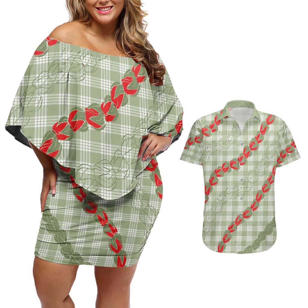 Omaomao Aloha Hawaii Couples Matching Off Shoulder Short Dress and Hawaiian Shirt Rosebud Lei With Palaka Motif - Polynesian Pride