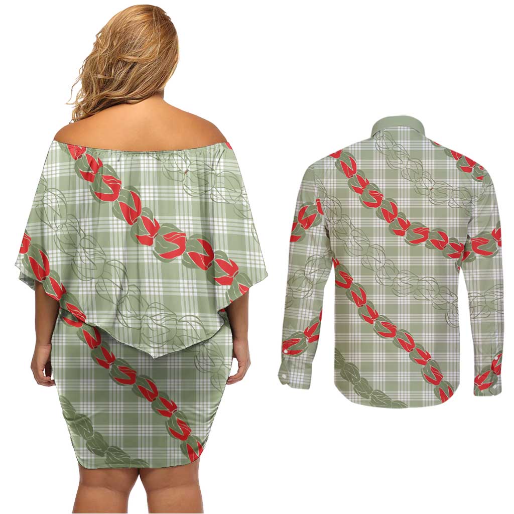 Omaomao Aloha Hawaii Couples Matching Off Shoulder Short Dress and Long Sleeve Button Shirt Rosebud Lei With Palaka Motif - Polynesian Pride