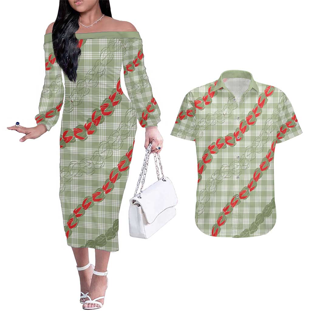 Omaomao Aloha Hawaii Couples Matching Off The Shoulder Long Sleeve Dress and Hawaiian Shirt Rosebud Lei With Palaka Motif - Polynesian Pride