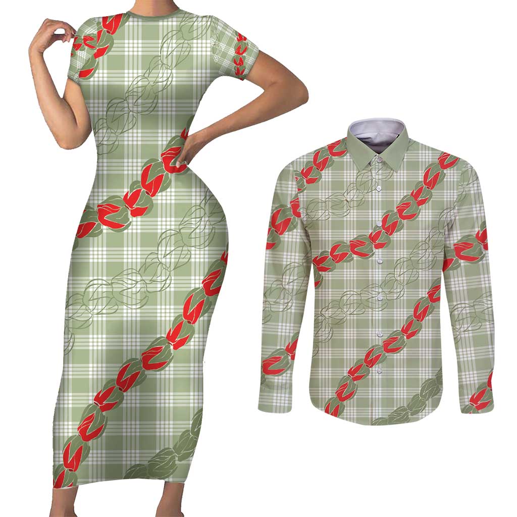 Omaomao Aloha Hawaii Couples Matching Short Sleeve Bodycon Dress and Long Sleeve Button Shirt Rosebud Lei With Palaka Motif - Polynesian Pride