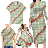 Omaomao Aloha Hawaii Family Matching Long Sleeve Bodycon Dress and Hawaiian Shirt Rosebud Lei With Palaka Motif - Polynesian Pride
