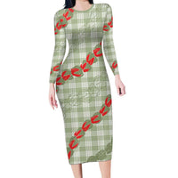 Omaomao Aloha Hawaii Family Matching Long Sleeve Bodycon Dress and Hawaiian Shirt Rosebud Lei With Palaka Motif - Polynesian Pride