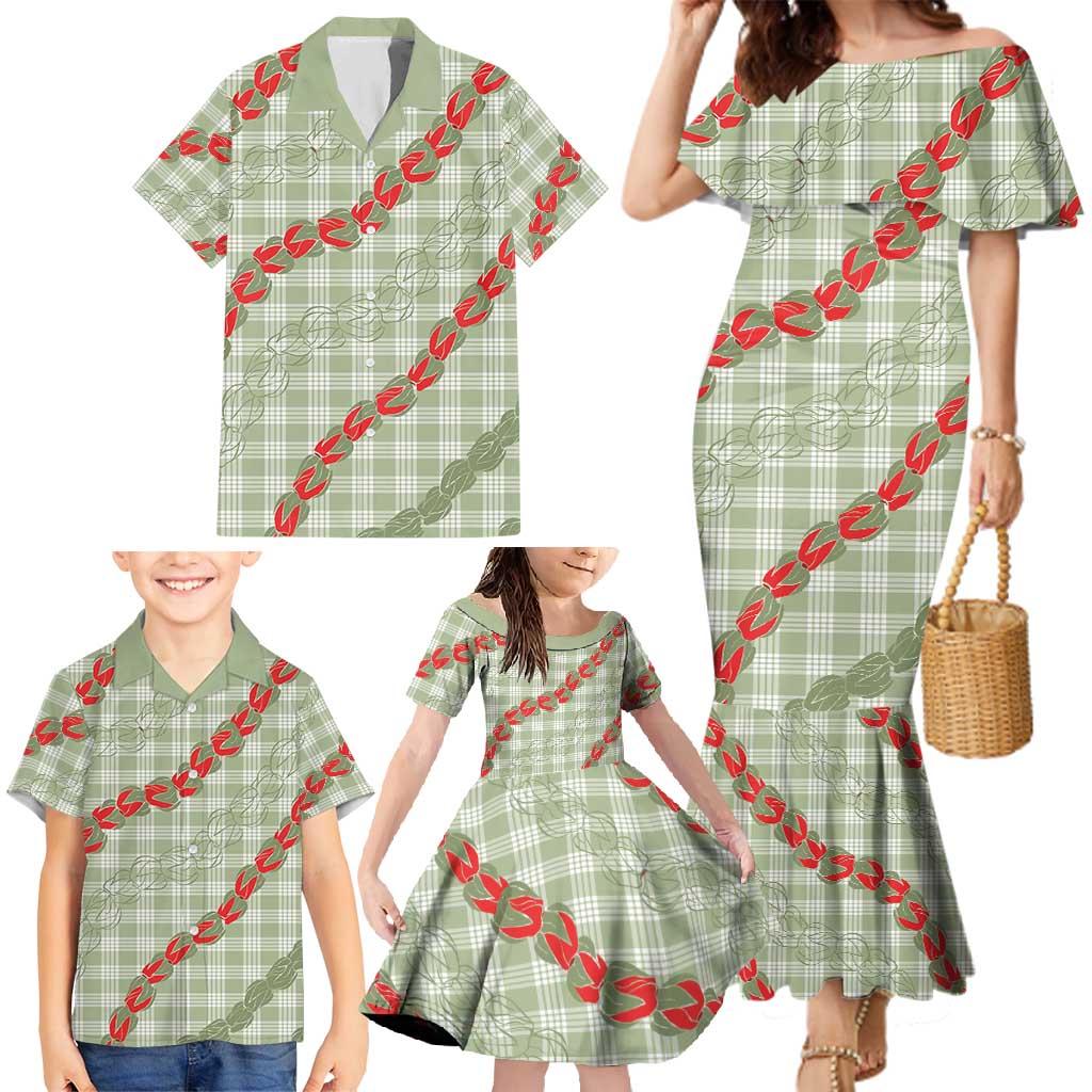 Omaomao Aloha Hawaii Family Matching Mermaid Dress and Hawaiian Shirt Rosebud Lei With Palaka Motif - Polynesian Pride