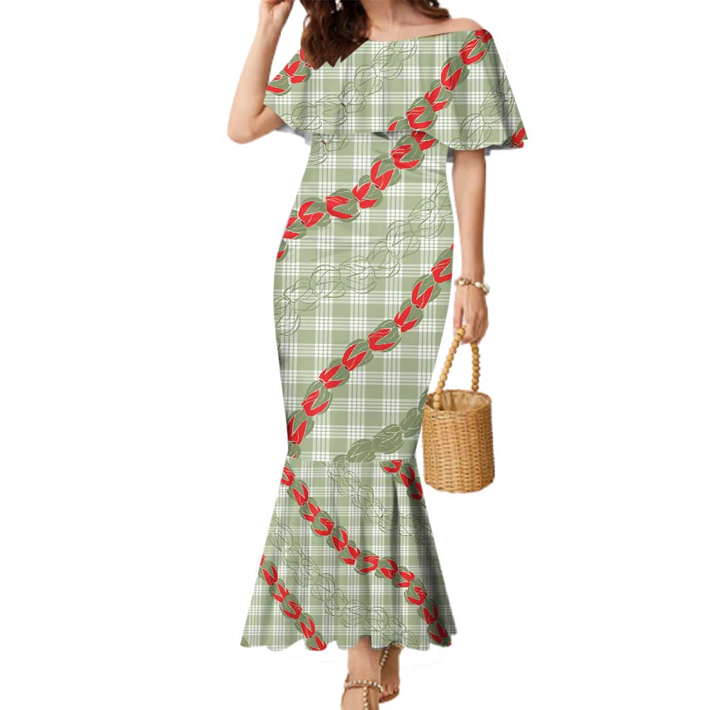 Omaomao Aloha Hawaii Family Matching Mermaid Dress and Hawaiian Shirt Rosebud Lei With Palaka Motif - Polynesian Pride