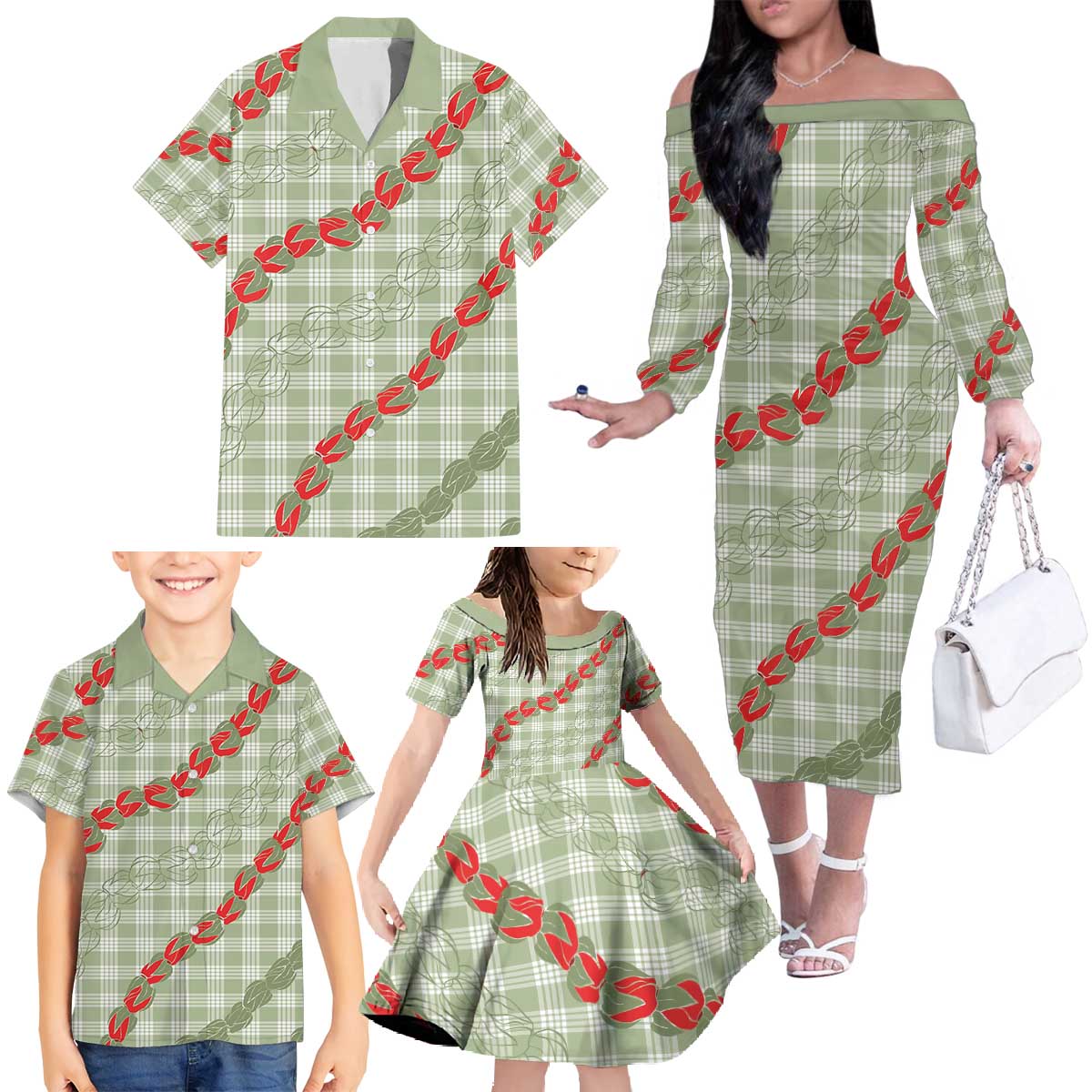 Omaomao Aloha Hawaii Family Matching Off The Shoulder Long Sleeve Dress and Hawaiian Shirt Rosebud Lei With Palaka Motif - Polynesian Pride