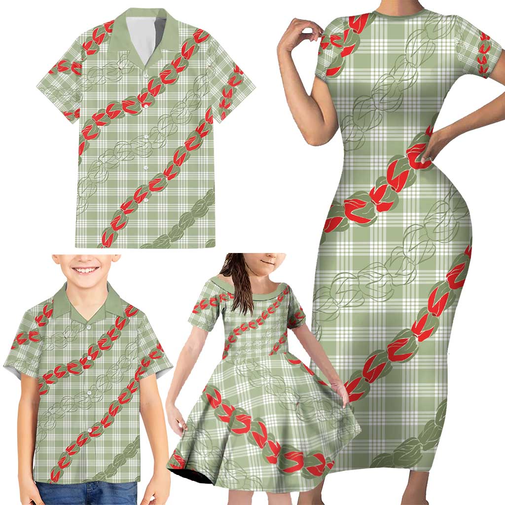 Omaomao Aloha Hawaii Family Matching Short Sleeve Bodycon Dress and Hawaiian Shirt Rosebud Lei With Palaka Motif - Polynesian Pride
