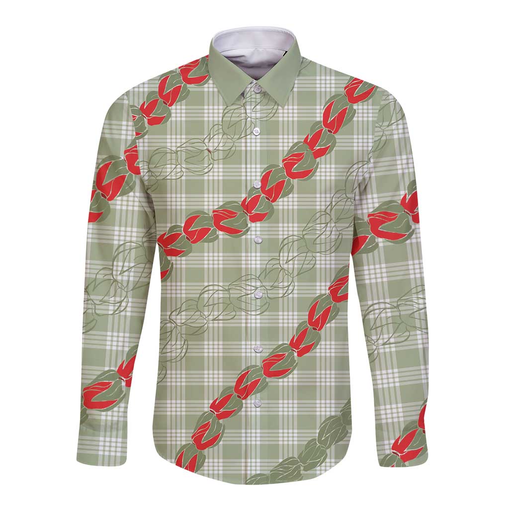 Omaomao Aloha Hawaii Long Sleeve Button Shirt Rosebud Lei With Palaka Motif - Polynesian Pride