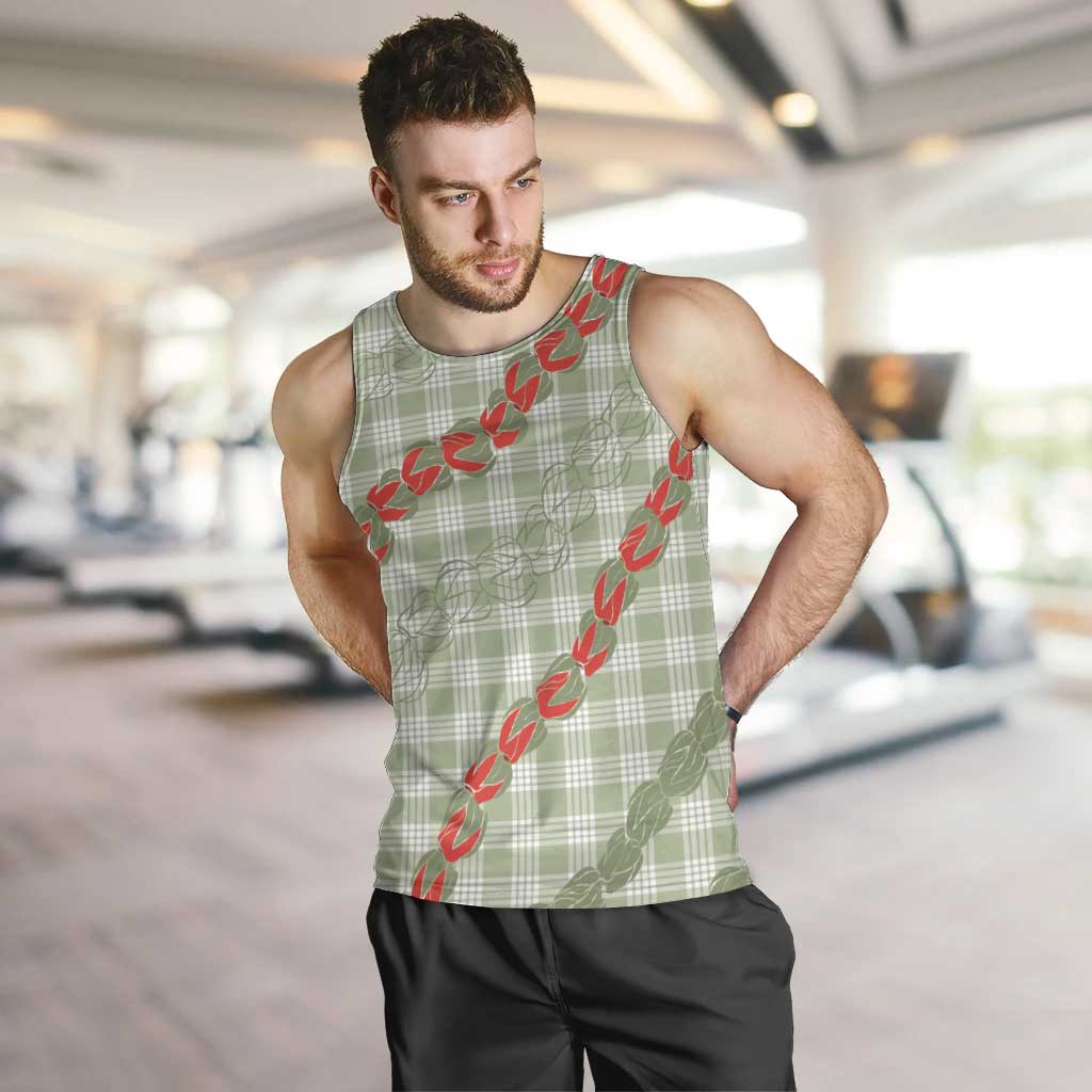 Omaomao Aloha Hawaii Men Tank Top Rosebud Lei With Palaka Motif LT14 Green - Polynesian Pride