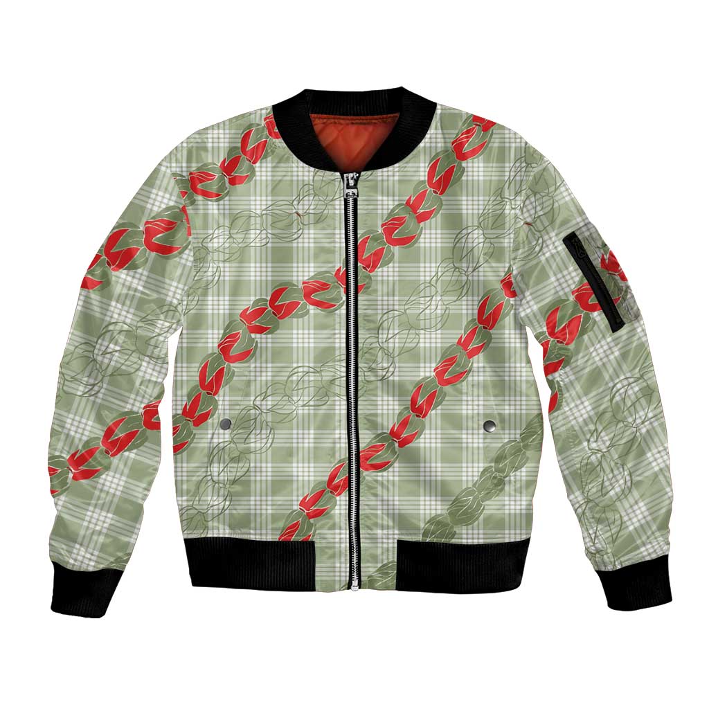 Omaomao Aloha Hawaii Sleeve Zip Bomber Jacket Rosebud Lei With Palaka Motif - Polynesian Pride