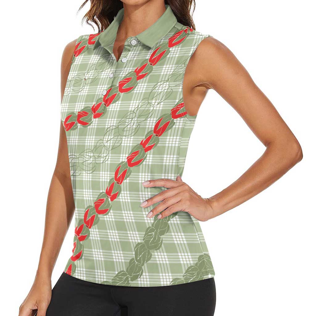 Omaomao Aloha Hawaii Women Sleeveless Polo Shirt Rosebud Lei With Palaka Motif - Polynesian Pride