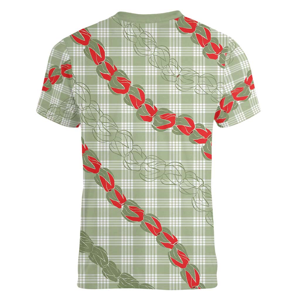 Omaomao Aloha Hawaii Women V-Neck T-Shirt Rosebud Lei With Palaka Motif - Polynesian Pride