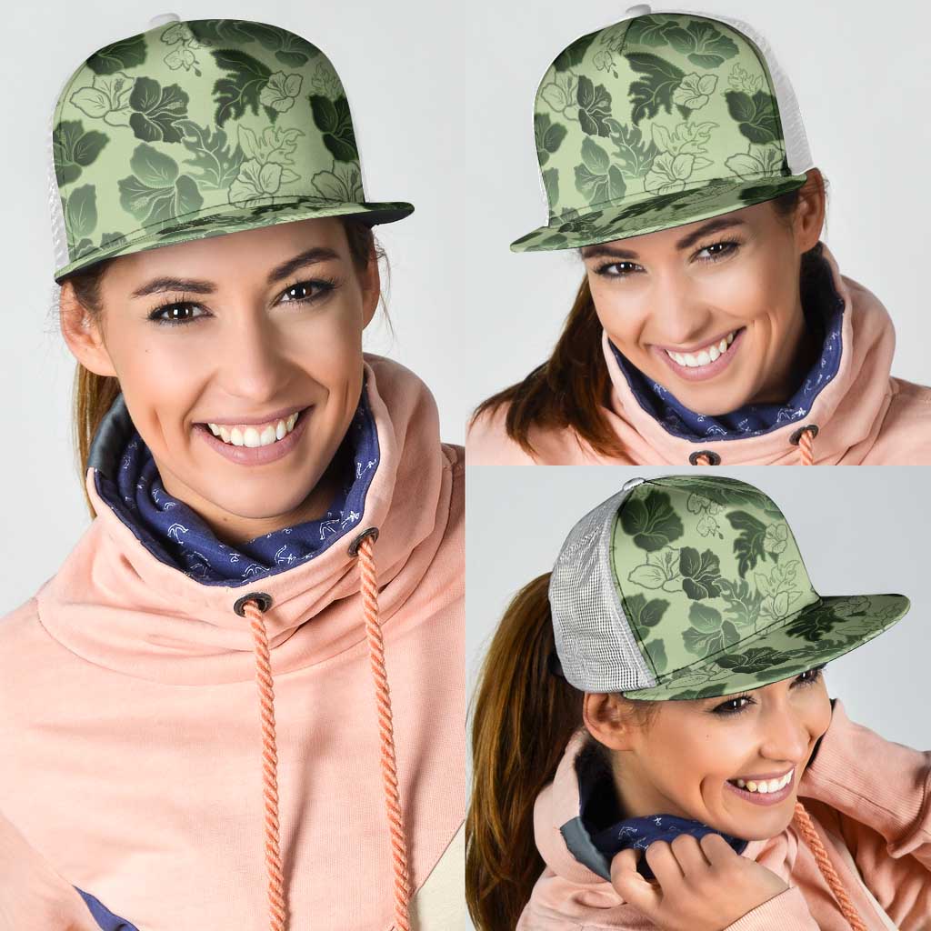 Vesuvian Green Aloha Hawaii Hibiscus Orchid Seamless Mesh Trucker Cap