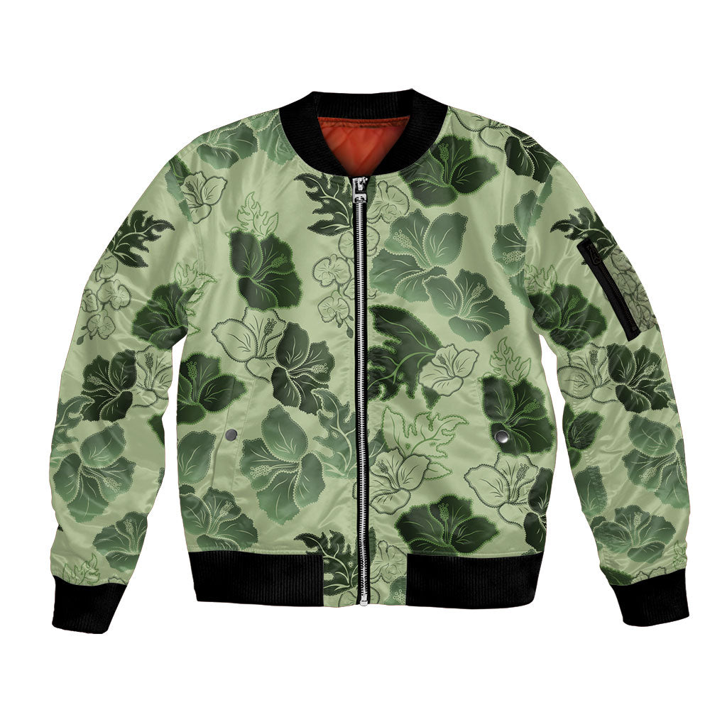 Vesuvian Green Aloha Hawaii Hibiscus Orchid Seamless Sleeve Zip Bomber Jacket LT14 Unisex Green - Polynesian Pride