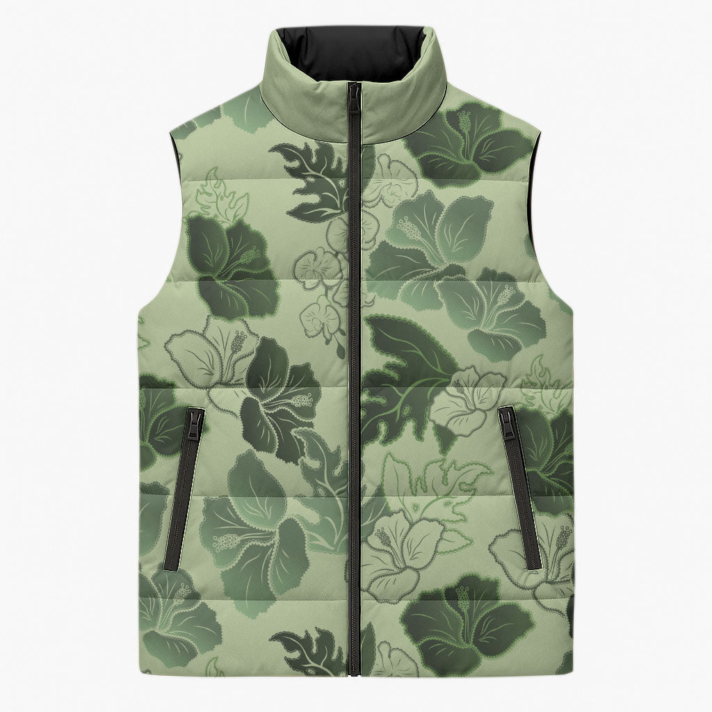 Vesuvian Green Aloha Hawaii Hibiscus Orchid Seamless Sleeveless Puffer Jacket