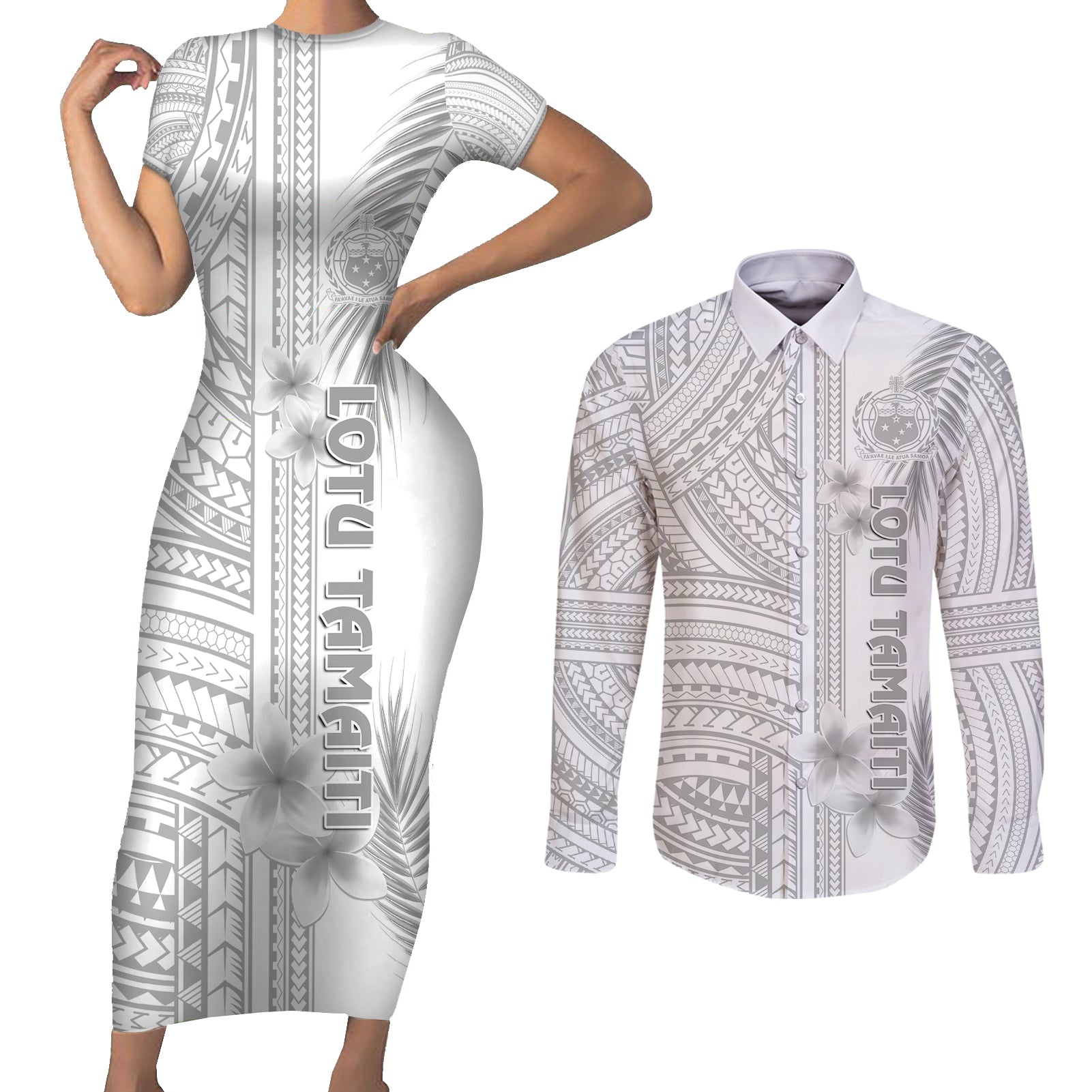 samoa-white-sunday-couples-matching-short-sleeve-bodycon-dress-and-long-sleeve-button-shirts-manuia-le-aso-sa-o-tamaiti-polynesian-plumeria