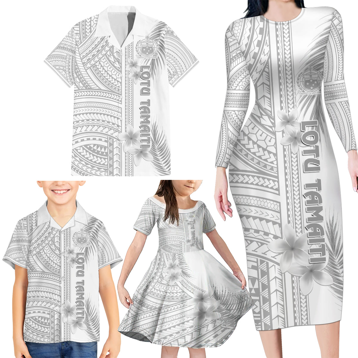 samoa-white-sunday-family-matching-long-sleeve-bodycon-dress-and-hawaiian-shirt-manuia-le-aso-sa-o-tamaiti-polynesian-plumeria