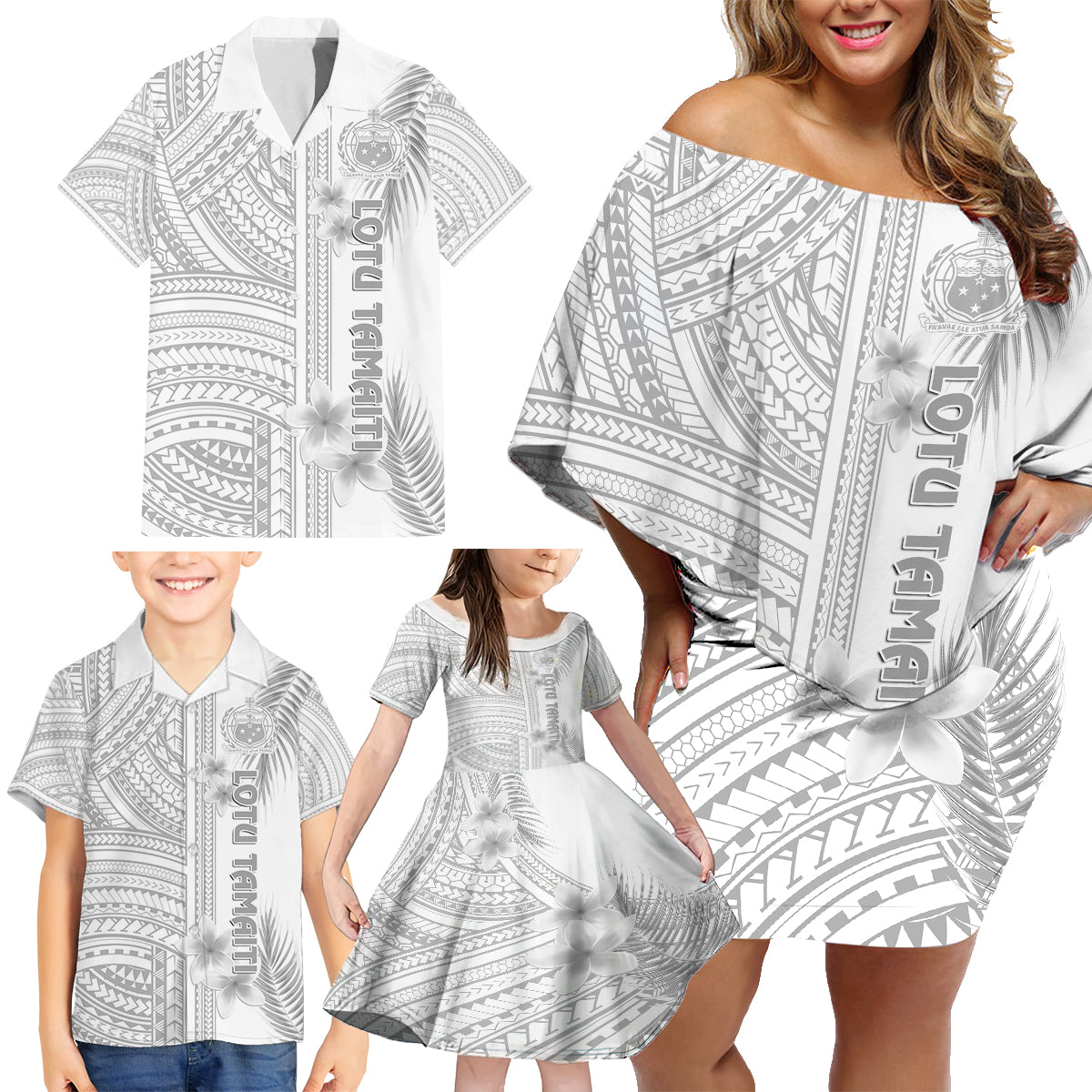 samoa-white-sunday-family-matching-off-shoulder-short-dress-and-hawaiian-shirt-manuia-le-aso-sa-o-tamaiti-polynesian-plumeria