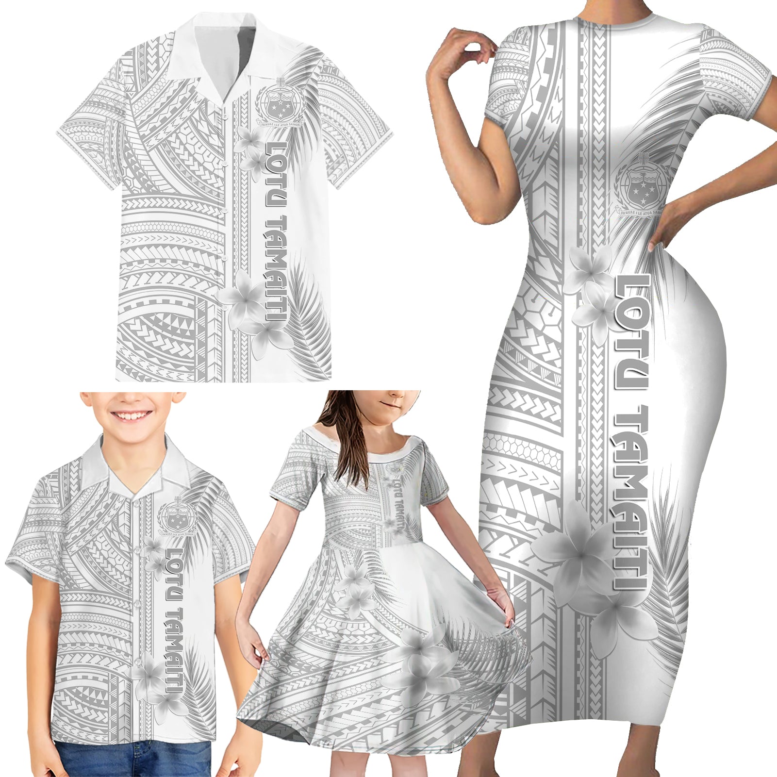 samoa-white-sunday-family-matching-short-sleeve-bodycon-dress-and-hawaiian-shirt-manuia-le-aso-sa-o-tamaiti-polynesian-plumeria