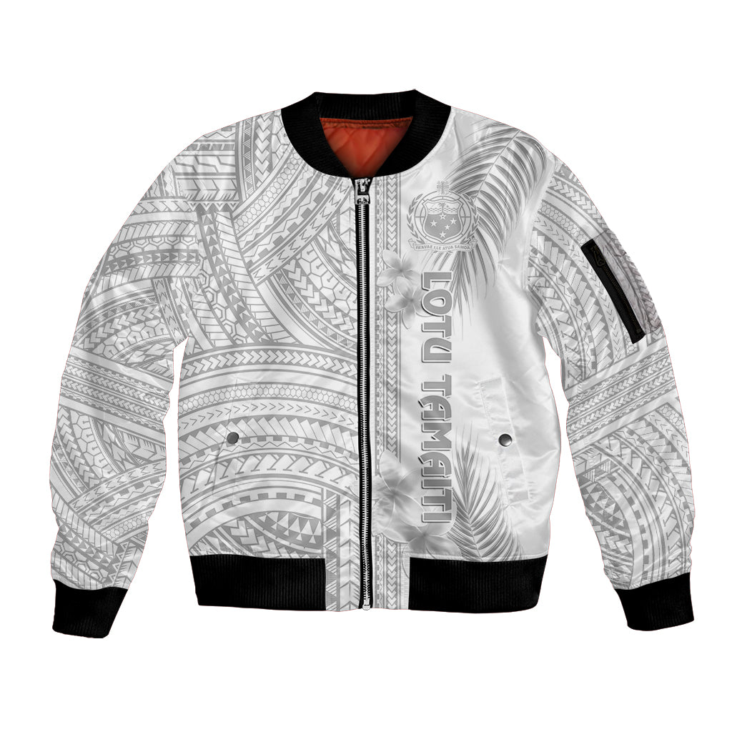 Samoa White Sunday Sleeve Zip Bomber Jacket Manuia le Aso Sa o Tamaiti Polynesian Plumeria LT14 Unisex White - Polynesian Pride