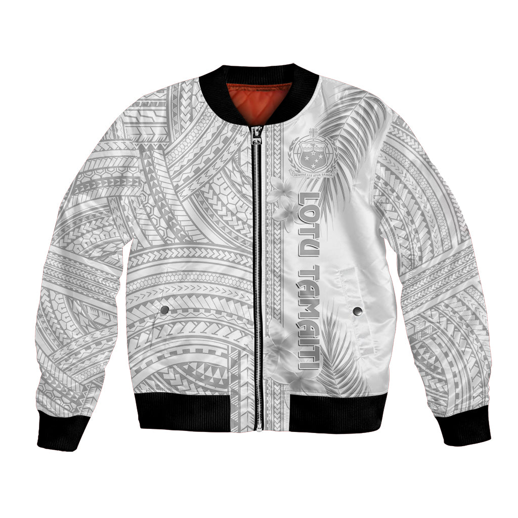 Personalised Samoa White Sunday Bomber Jacket Manuia le Aso Sa o Tamaiti Polynesian Plumeria LT14 Unisex White - Polynesian Pride