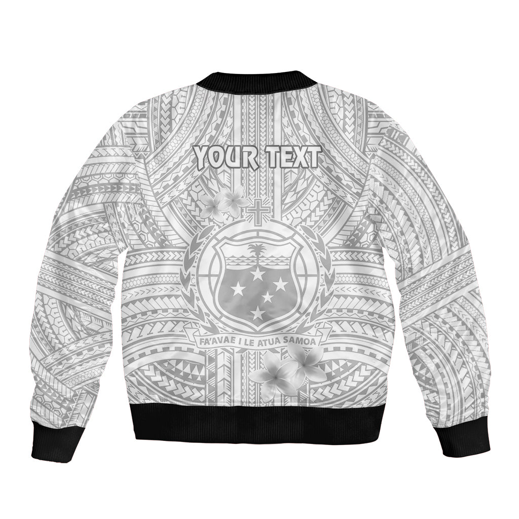 Personalised Samoa White Sunday Bomber Jacket Manuia le Aso Sa o Tamaiti Polynesian Plumeria LT14 - Polynesian Pride