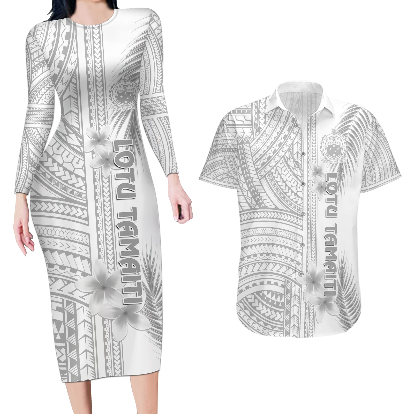 personalised-samoa-white-sunday-couples-matching-long-sleeve-bodycon-dress-and-hawaiian-shirt-manuia-le-aso-sa-o-tamaiti-polynesian-plumeria