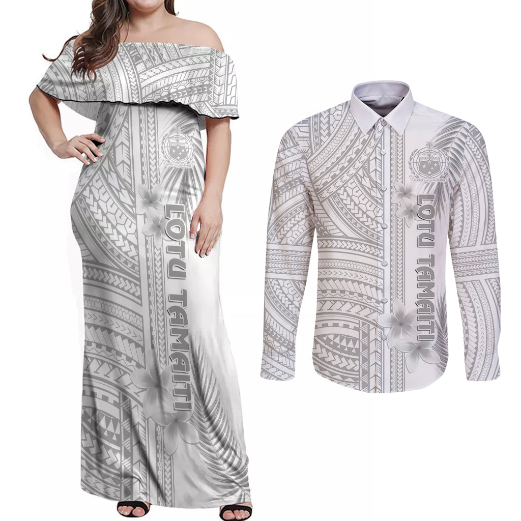 personalised-samoa-white-sunday-couples-matching-off-shoulder-maxi-dress-and-long-sleeve-button-shirts-manuia-le-aso-sa-o-tamaiti-polynesian-plumeria