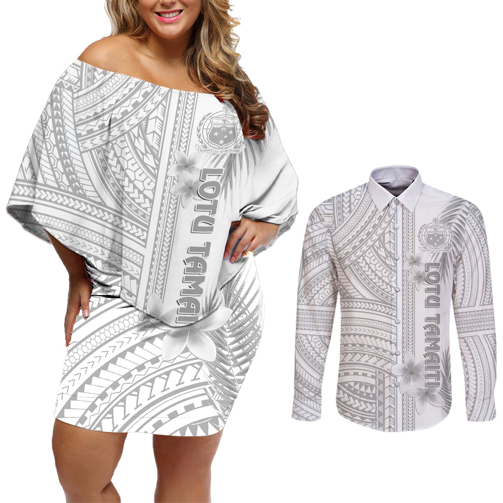 personalised-samoa-white-sunday-couples-matching-off-shoulder-short-dress-and-long-sleeve-button-shirts-manuia-le-aso-sa-o-tamaiti-polynesian-plumeria