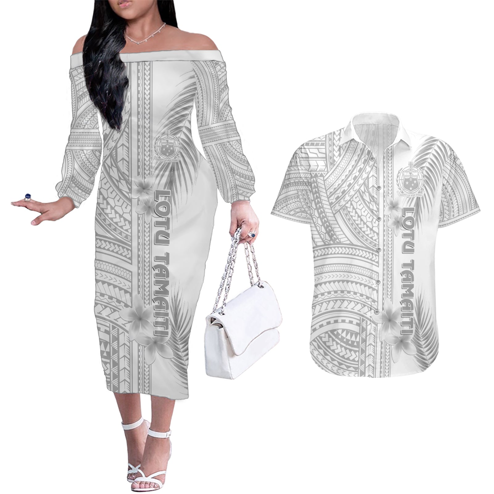 personalised-samoa-white-sunday-couples-matching-off-the-shoulder-long-sleeve-dress-and-hawaiian-shirt-manuia-le-aso-sa-o-tamaiti-polynesian-plumeria