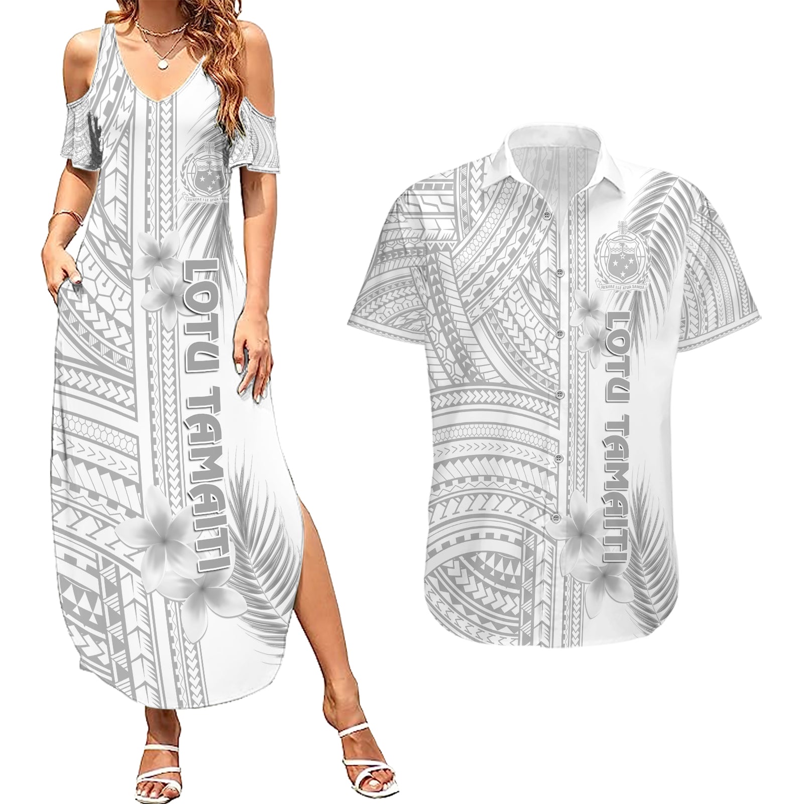 personalised-samoa-white-sunday-couples-matching-summer-maxi-dress-and-hawaiian-shirt-manuia-le-aso-sa-o-tamaiti-polynesian-plumeria