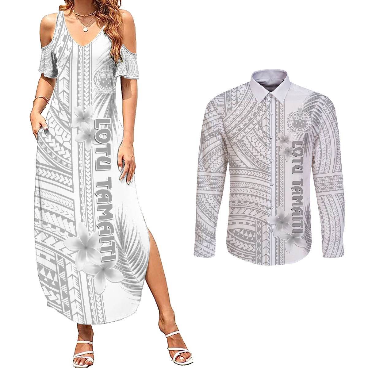 personalised-samoa-white-sunday-couples-matching-summer-maxi-dress-and-long-sleeve-button-shirts-manuia-le-aso-sa-o-tamaiti-polynesian-plumeria