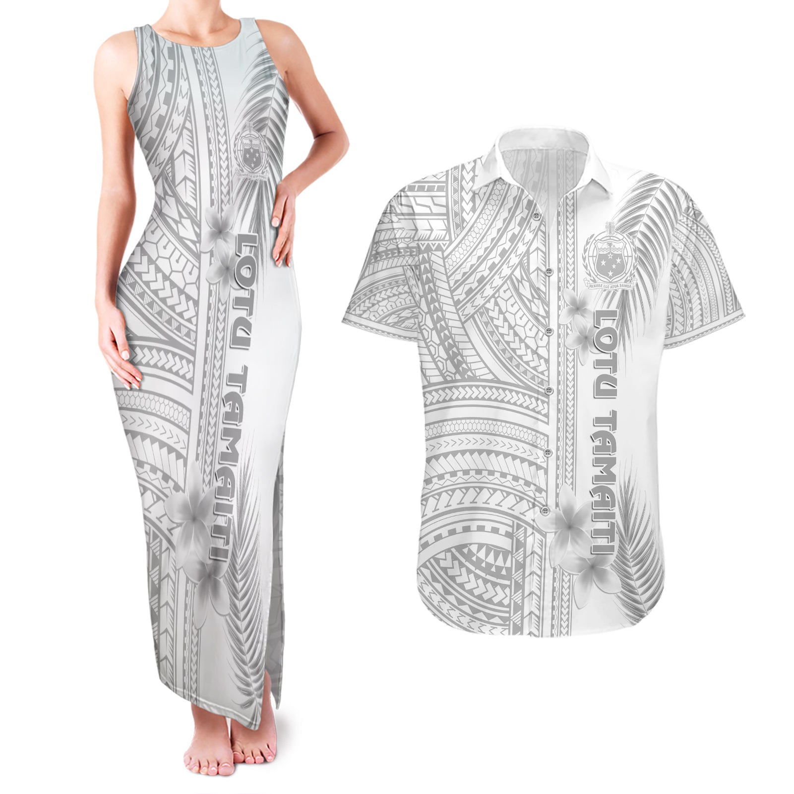 personalised-samoa-white-sunday-couples-matching-tank-maxi-dress-and-hawaiian-shirt-manuia-le-aso-sa-o-tamaiti-polynesian-plumeria