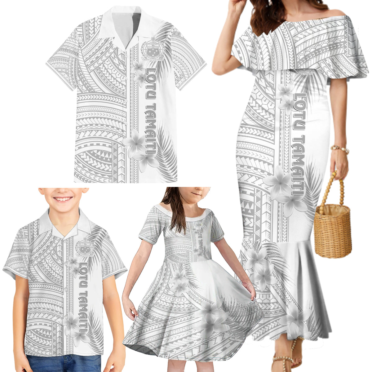 personalised-samoa-white-sunday-family-matching-mermaid-dress-and-hawaiian-shirt-manuia-le-aso-sa-o-tamaiti-polynesian-plumeria